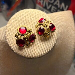 Vintage  Gold and Red Gemstone Earrings Clip